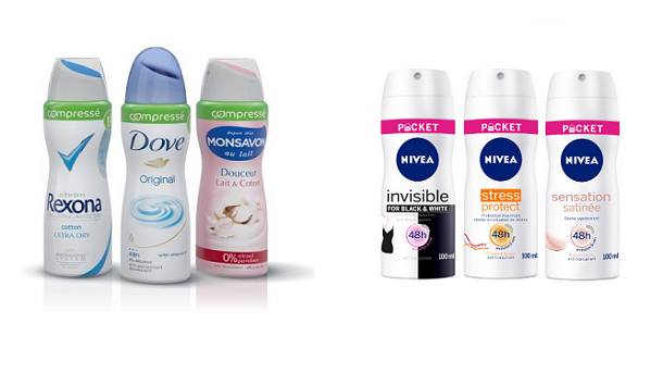 Unilever's deodorants (left) which use green technology of compressed spray 'in half the size', and Beiersdorf deodorants (right) which target the on-the-go trend with 'pocket' sizes.