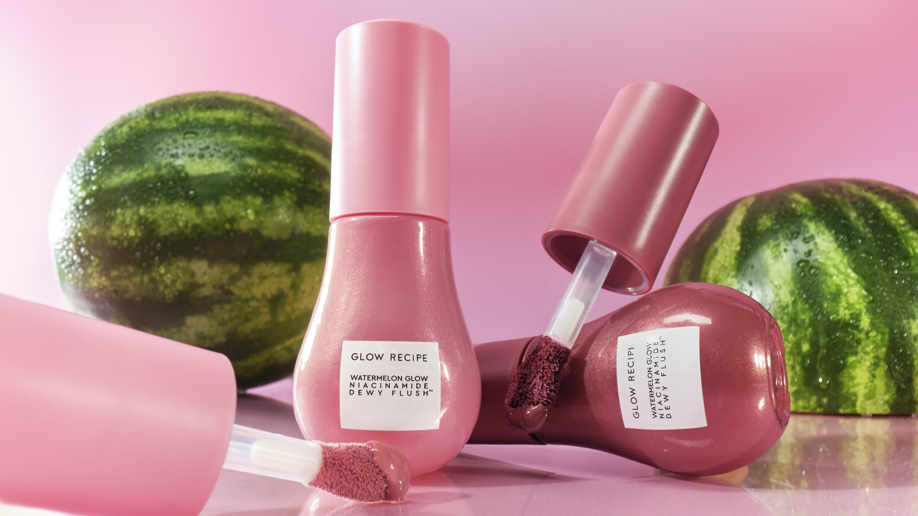 Glow Recipe Dewy Flush products in front of watermelons