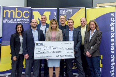 Shelly Sahi, founder of Sahi Cosmetics (center) takes top prize in the Michigan Business Challenge (image courtesy of the Zell Lurie Institute)