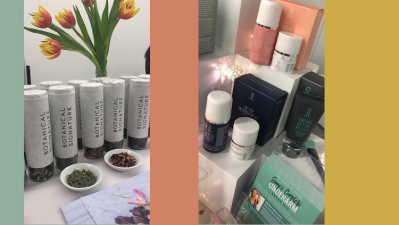 4 novel beauty innovations seen at Beauty Squared: Botanical Signature packaging, Moi Cosmetics with CBD, espinache spinach skin care, Sway mask an...