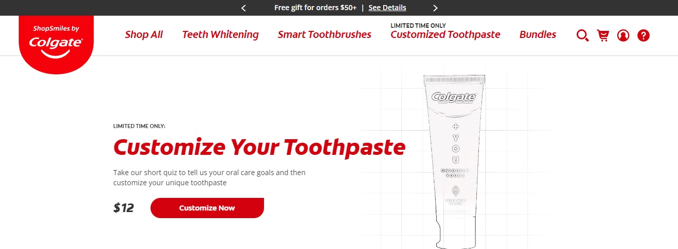 Screenshot from Colgate-Palmolive's D2C US website featuring the test and learn exercise